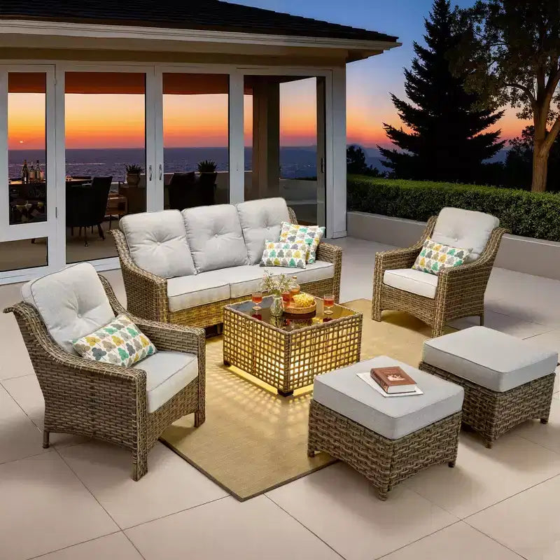 Ensemble de conversation de patio HOMLUX 6 pièces, canapé 3 places avec coussins, chaises en rotin, poufs, table basse