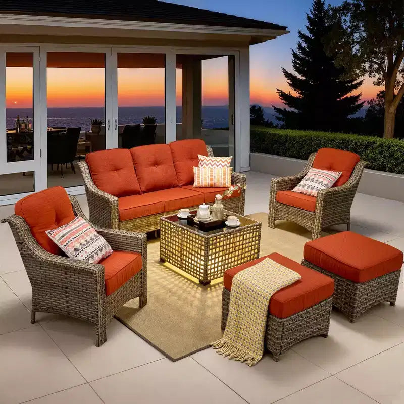 Ensemble de conversation de patio HOMLUX 6 pièces, canapé 3 places avec coussins, chaises en rotin, poufs, table basse