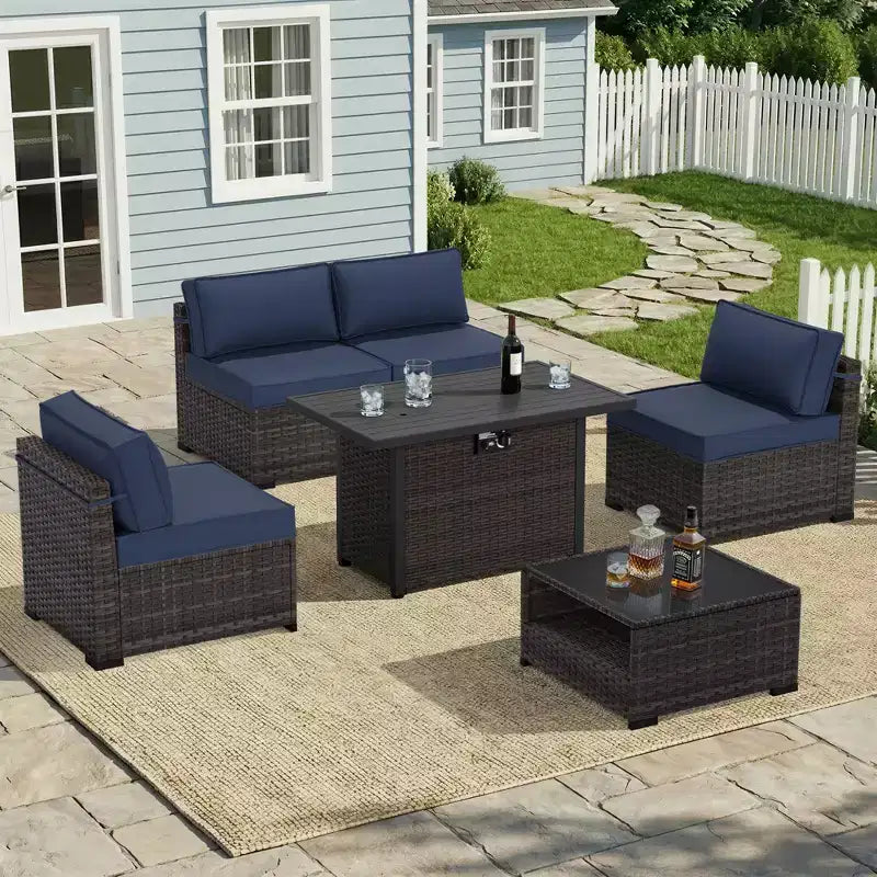 UPTIOT 6-Piece Patio Set: 4 Side Chairs, Brown Fire Pit Table & Tempered Glass Coffee Table for Stylish Outdoor Gatherings