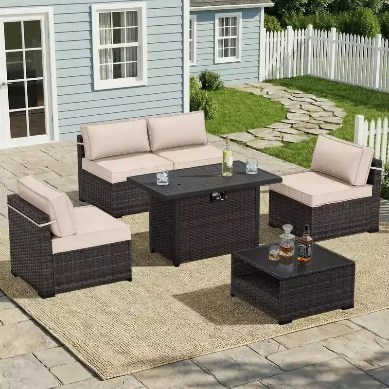 UPTIOT 6-Piece Patio Set: 4 Side Chairs, Brown Fire Pit Table & Tempered Glass Coffee Table for Stylish Outdoor Gatherings