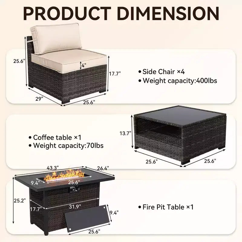 UPTIOT 6-Piece Patio Set: 4 Side Chairs, Brown Fire Pit Table & Tempered Glass Coffee Table for Stylish Outdoor Gatherings