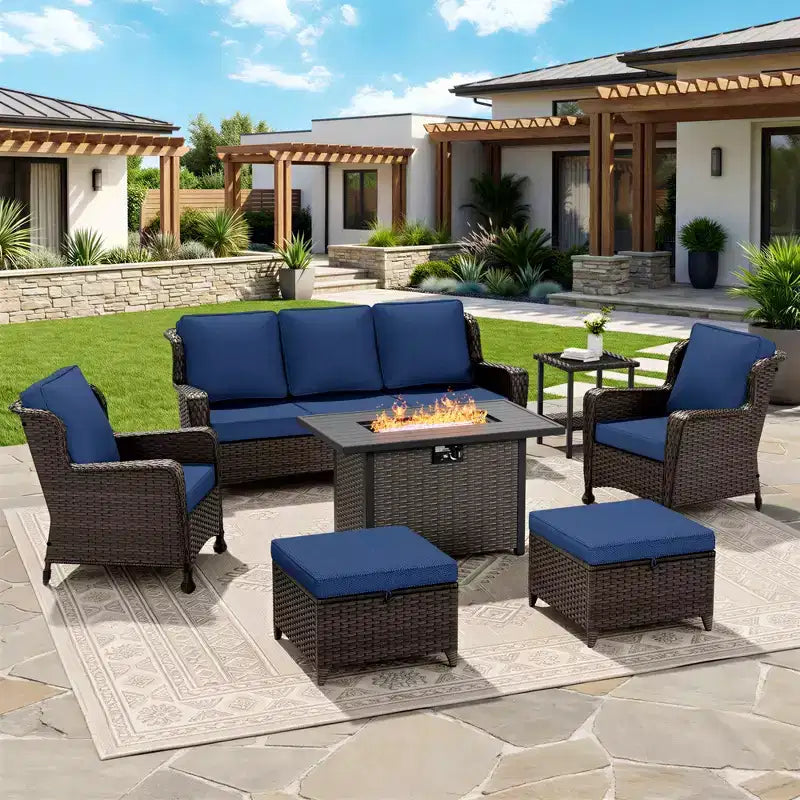 UPTIOT Outdoor Set: 3-Seat Sofa, Wicker Chairs, Fire Pit Table & Side Table