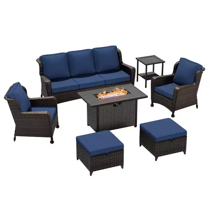 UPTIOT Outdoor Set: 3-Seat Sofa, Wicker Chairs, Fire Pit Table & Side Table