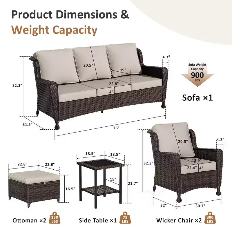 UPTIOT Outdoor Set: 3-Seat Sofa, Wicker Chairs, Fire Pit Table & Side Table