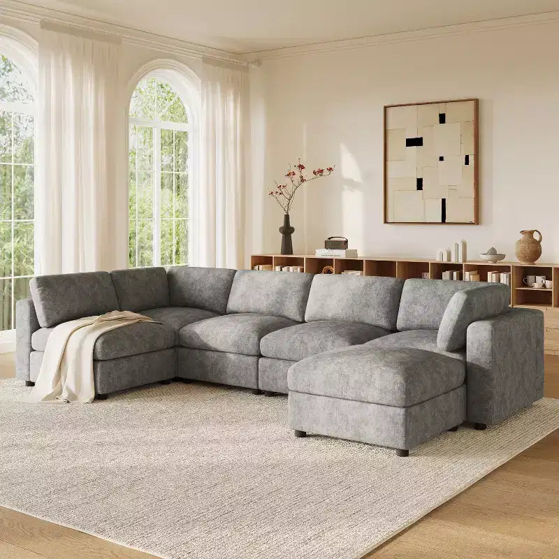 GDFStudio Hudson Modern Chenille 6-Seat Modular Sectional Sofa Sleeper U-Shaped Convertible Couch with Ottoman