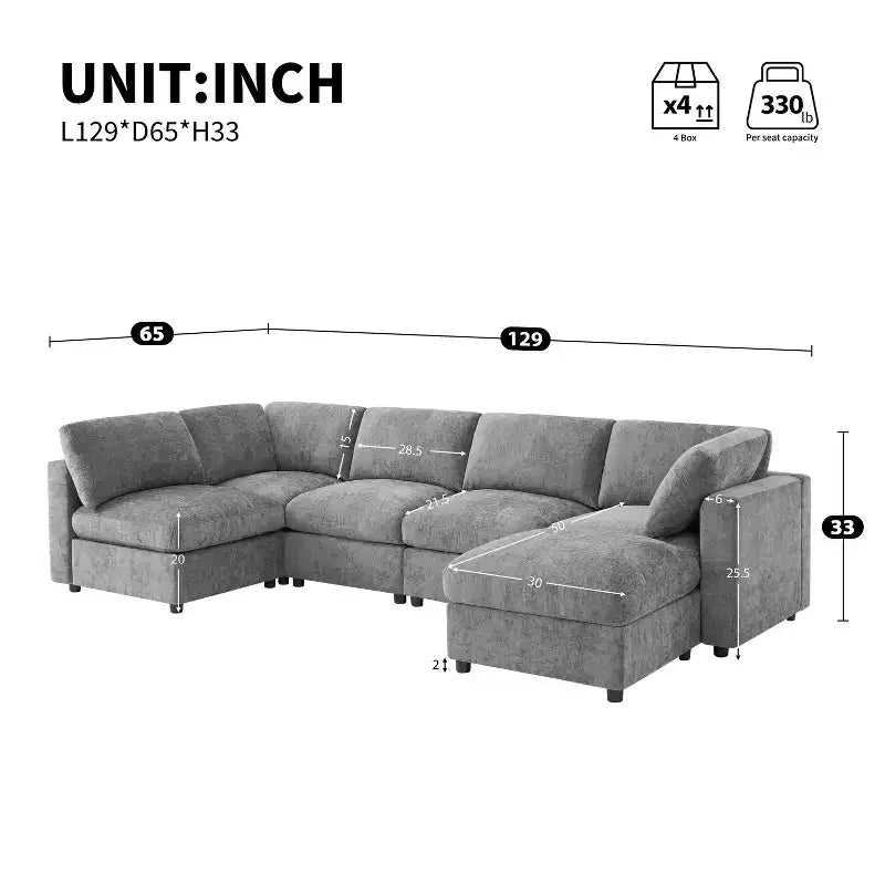 GDFStudio Hudson Modern Chenille 6-Seat Modular Sectional Sofa Sleeper U-Shaped Convertible Couch with Ottoman