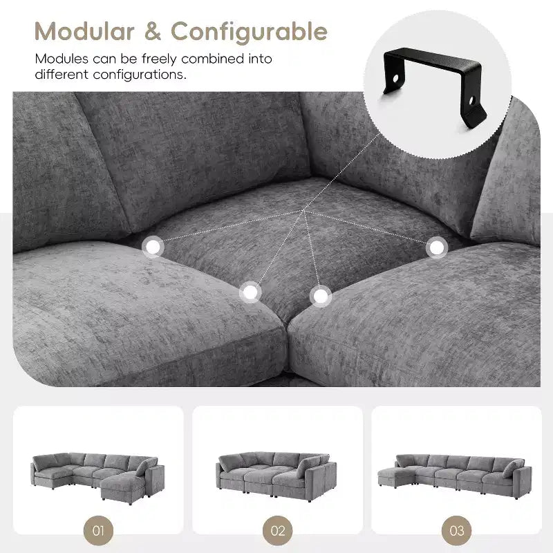 GDFStudio Hudson Modern Chenille 6-Seat Modular Sectional Sofa Sleeper U-Shaped Convertible Couch with Ottoman