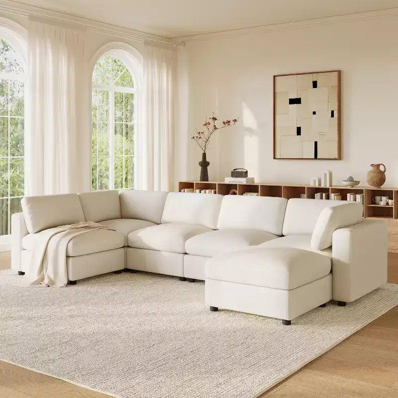 GDFStudio Hudson Modern Chenille 6-Seat Modular Sectional Sofa Sleeper U-Shaped Convertible Couch with Ottoman
