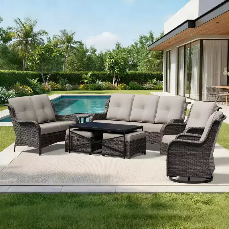 UPTIOT Premium Outdoor Sofa Set with Swivel Chairs and Multi-Functional Ottomans
