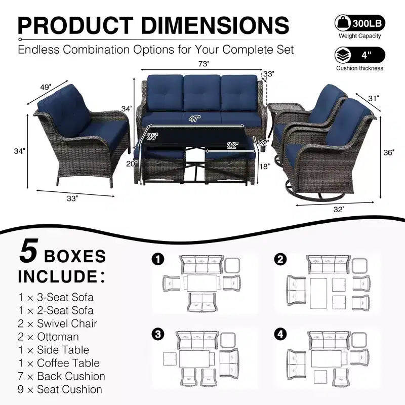 UPTIOT Premium Outdoor Sofa Set with Swivel Chairs and Multi-Functional Ottomans