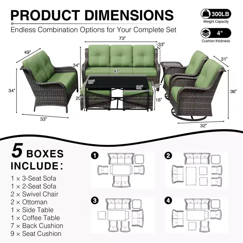 UPTIOT Premium Outdoor Sofa Set with Swivel Chairs and Multi-Functional Ottomans