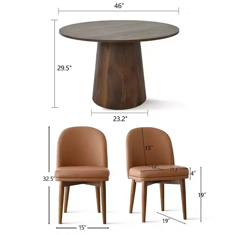 5-Piece Round Dining Set, 46 Walnut-Tone Pedestal Table and Brown Faux Leather Dining Chairs with Solid Wood Legs for Dining Room Use-Panipeachy