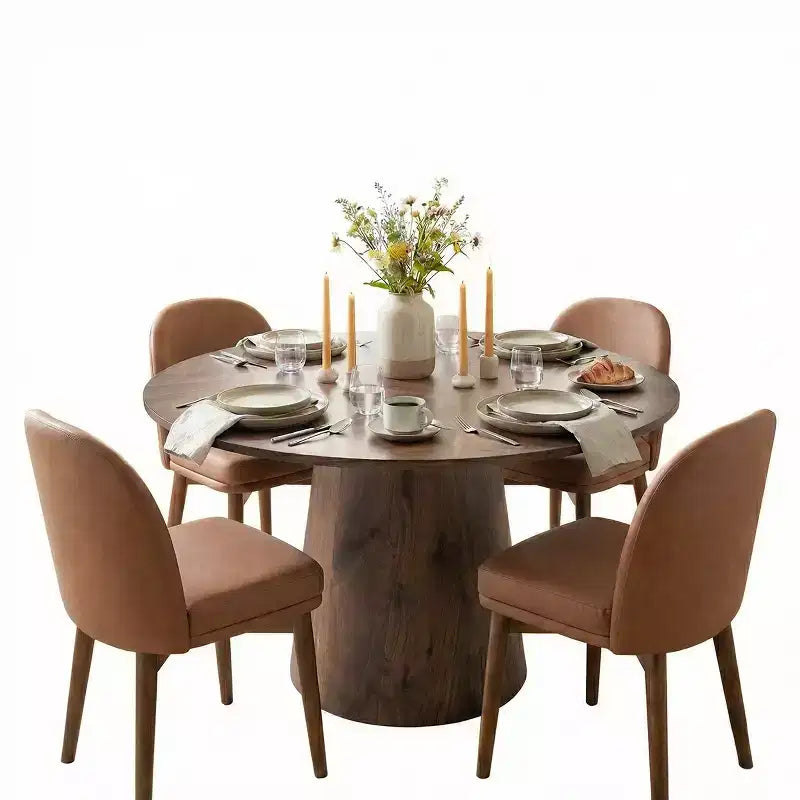 5-Piece Round Dining Set, 46 Walnut-Tone Pedestal Table and Brown Faux Leather Dining Chairs with Solid Wood Legs for Dining Room Use-Panipeachy