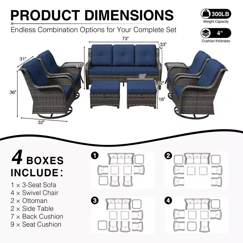 UPTIOT Premium 3-Seat Outdoor Sofa Set with 4 Swivel Chairs, 2 Ottomans & Side Tables