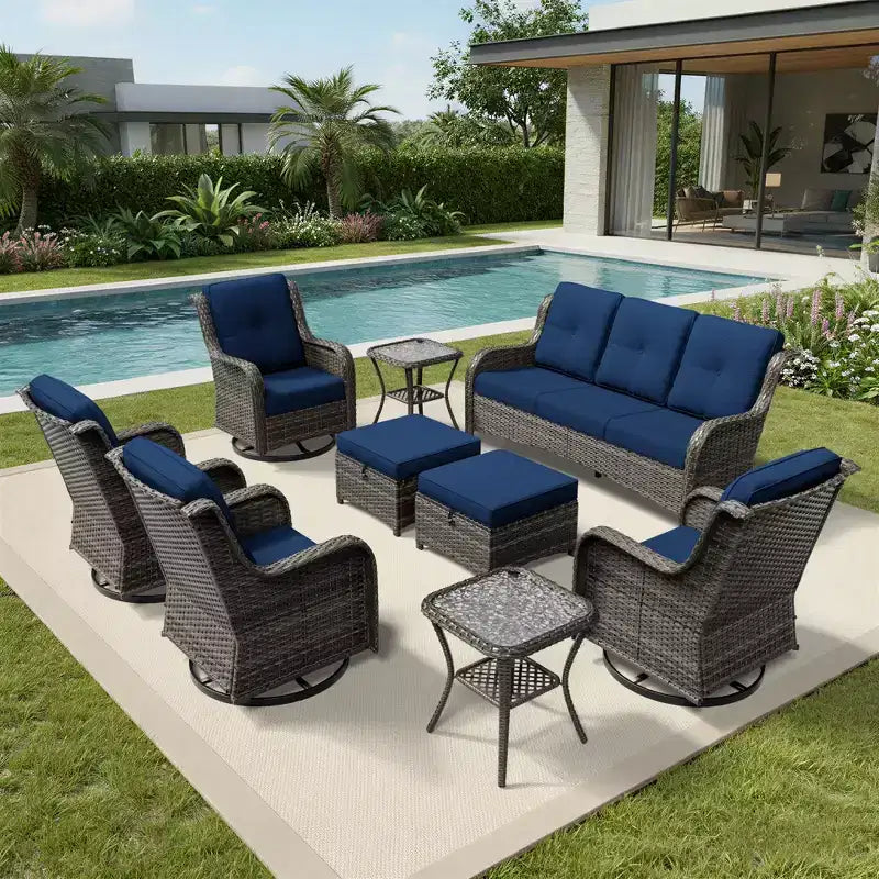 UPTIOT Premium 3-Seat Outdoor Sofa Set with 4 Swivel Chairs, 2 Ottomans & Side Tables