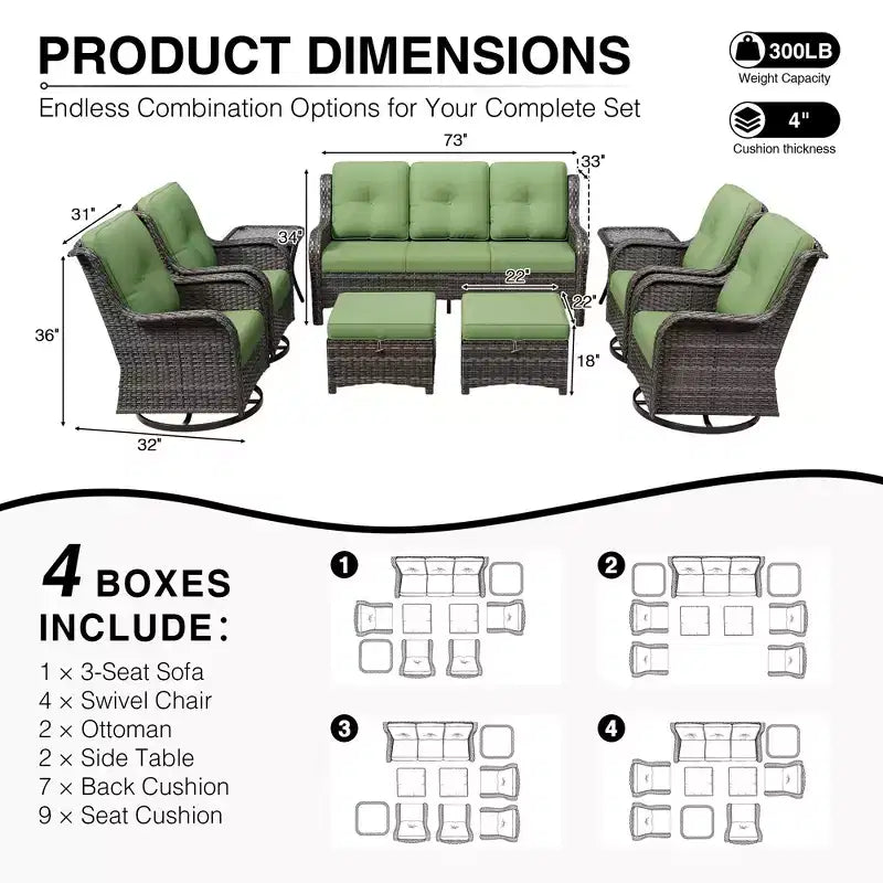 UPTIOT Premium 3-Seat Outdoor Sofa Set with 4 Swivel Chairs, 2 Ottomans & Side Tables