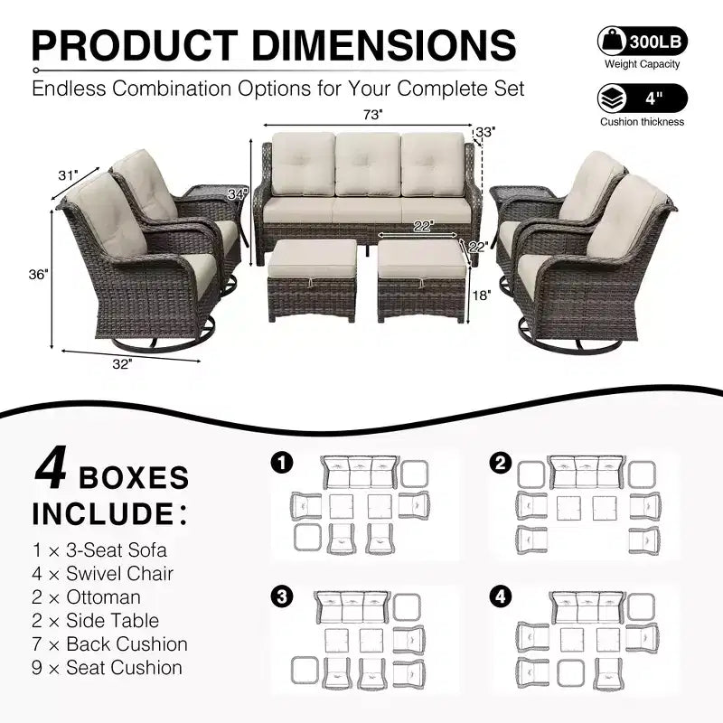 UPTIOT Premium 3-Seat Outdoor Sofa Set with 4 Swivel Chairs, 2 Ottomans & Side Tables