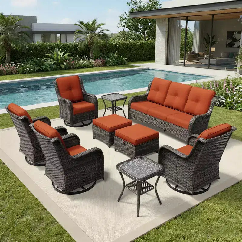 UPTIOT Premium 3-Seat Outdoor Sofa Set with 4 Swivel Chairs, 2 Ottomans & Side Tables