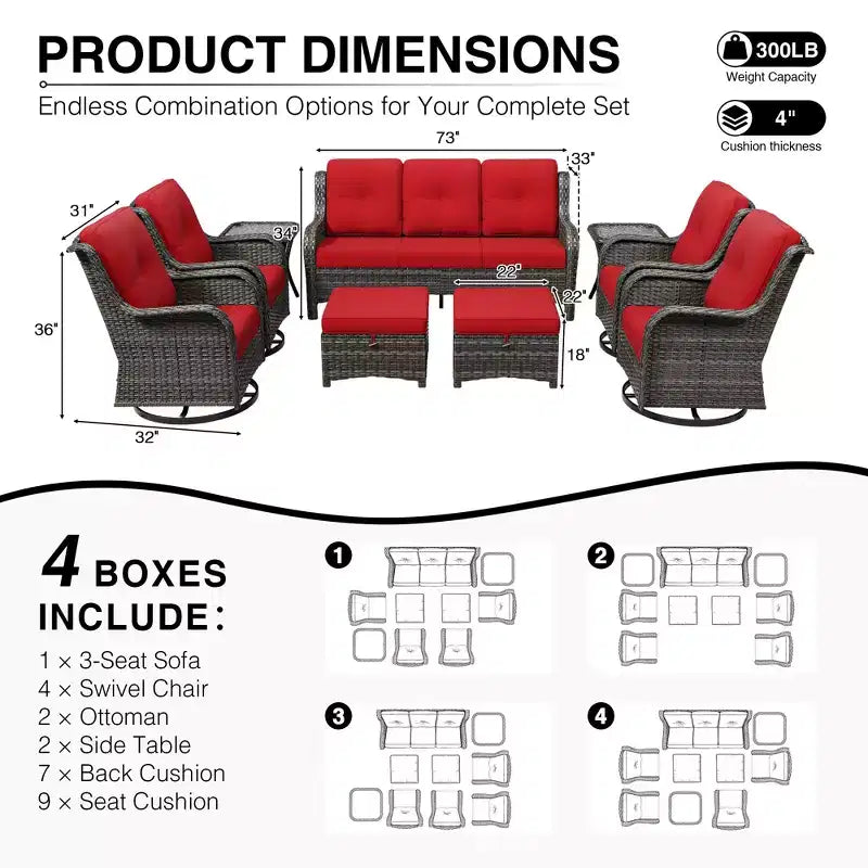 UPTIOT Premium 3-Seat Outdoor Sofa Set with 4 Swivel Chairs, 2 Ottomans & Side Tables