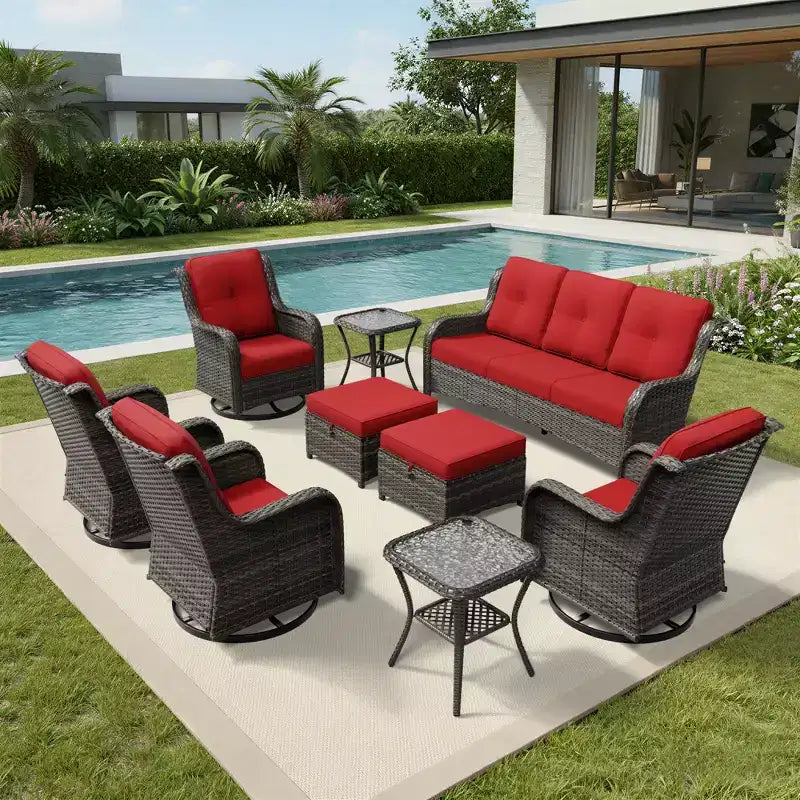 UPTIOT Premium 3-Seat Outdoor Sofa Set with 4 Swivel Chairs, 2 Ottomans & Side Tables