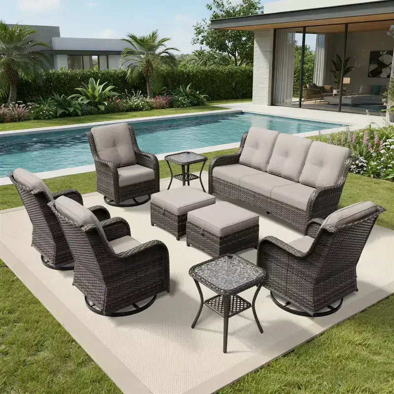 UPTIOT Premium 3-Seat Outdoor Sofa Set with 4 Swivel Chairs, 2 Ottomans & Side Tables