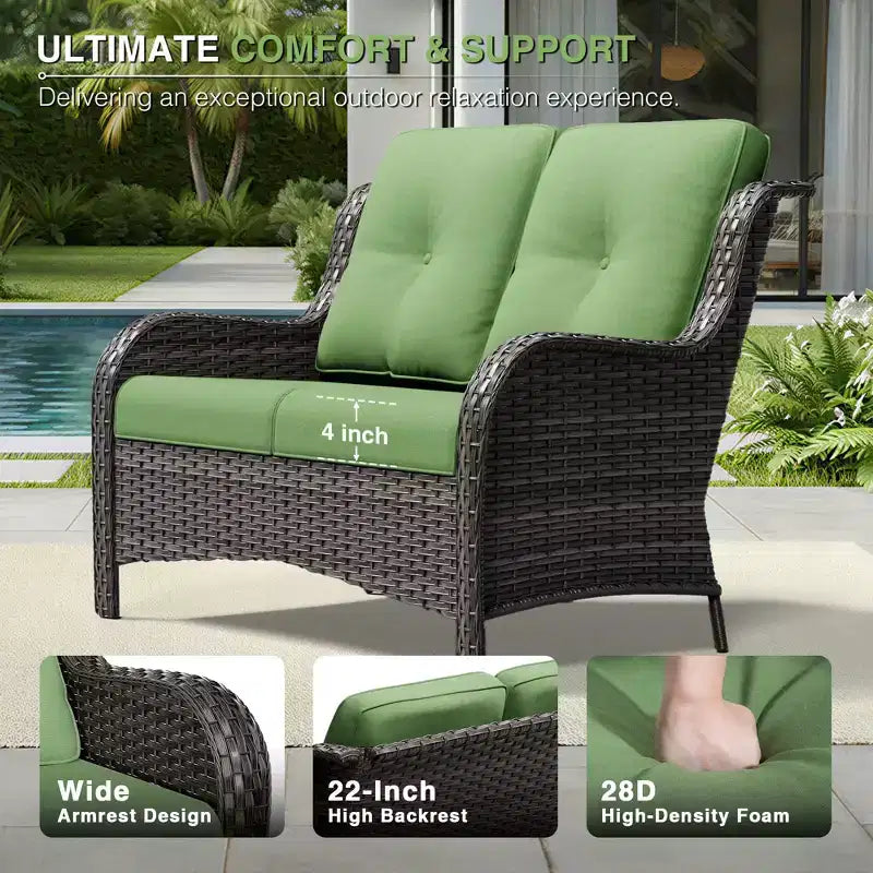 UPTIOT Outdoor 2-Seat Wicker Sofa Set with Dual Multi-Functional Ottomans