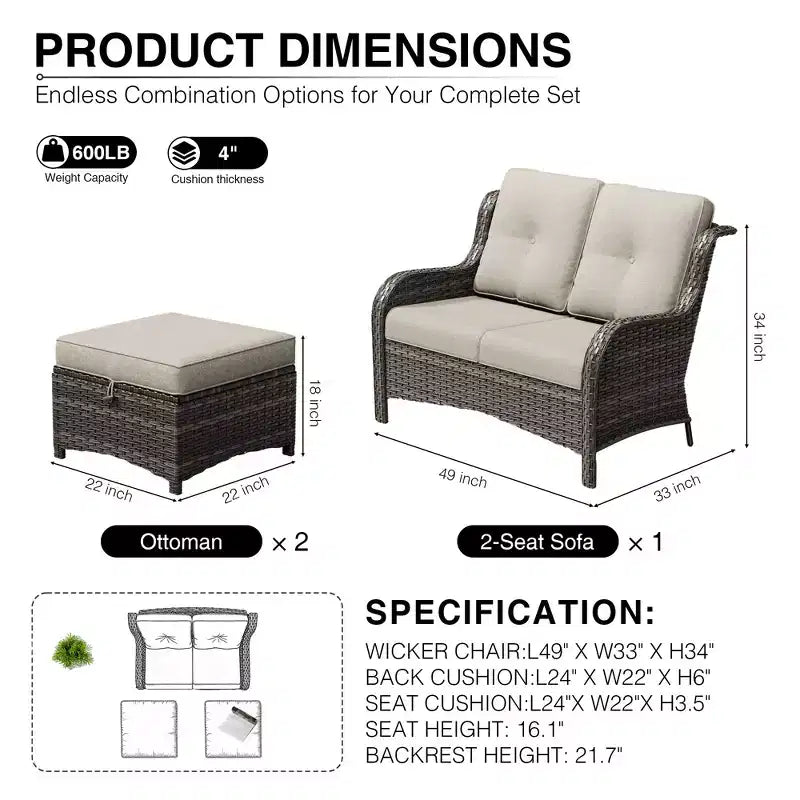 UPTIOT Outdoor 2-Seat Wicker Sofa Set with Dual Multi-Functional Ottomans