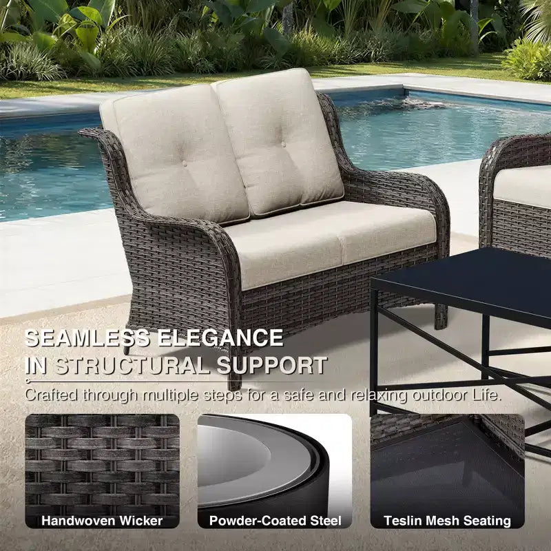 UPTIOT Outdoor 2-Seat Wicker Sofa Set with Dual Multi-Functional Ottomans