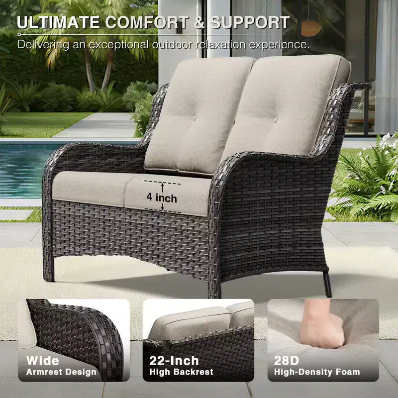 UPTIOT Outdoor 2-Seat Wicker Sofa Set with Dual Multi-Functional Ottomans