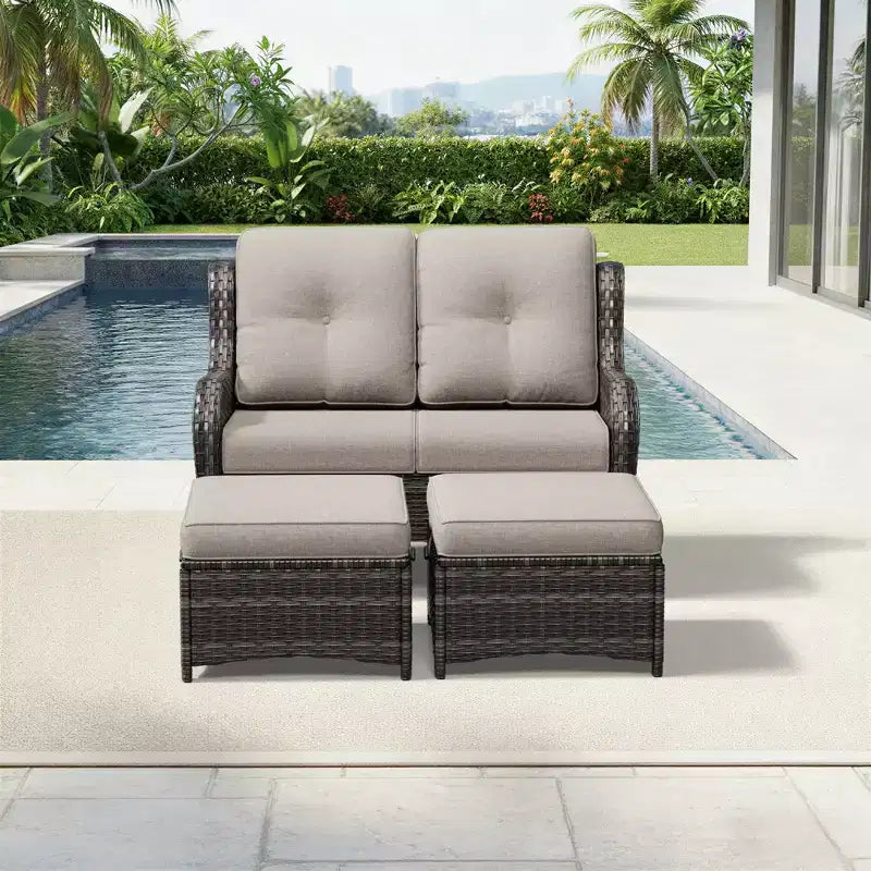 UPTIOT Outdoor 2-Seat Wicker Sofa Set with Dual Multi-Functional Ottomans