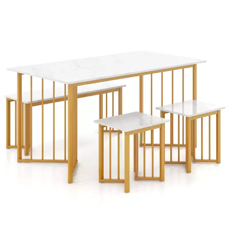 Costway 4PCS Dining Table Set Kitchen Table w/ Bench & 2 Stools Wing-shaped Metal Legs