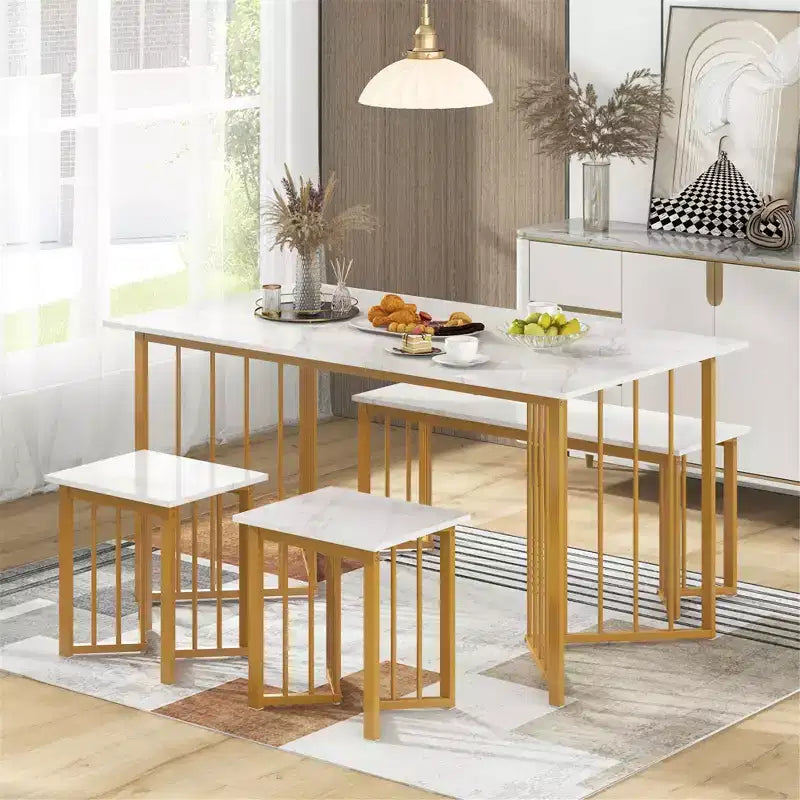 Costway 4PCS Dining Table Set Kitchen Table w/ Bench & 2 Stools Wing-shaped Metal Legs