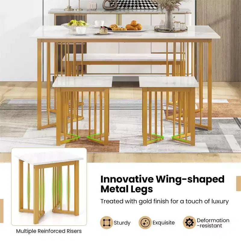 Costway 4PCS Dining Table Set Kitchen Table w/ Bench & 2 Stools Wing-shaped Metal Legs