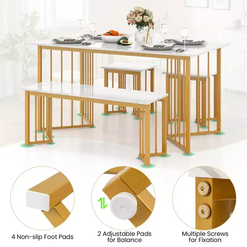 Costway 4PCS Dining Table Set Kitchen Table w/ Bench & 2 Stools Wing-shaped Metal Legs