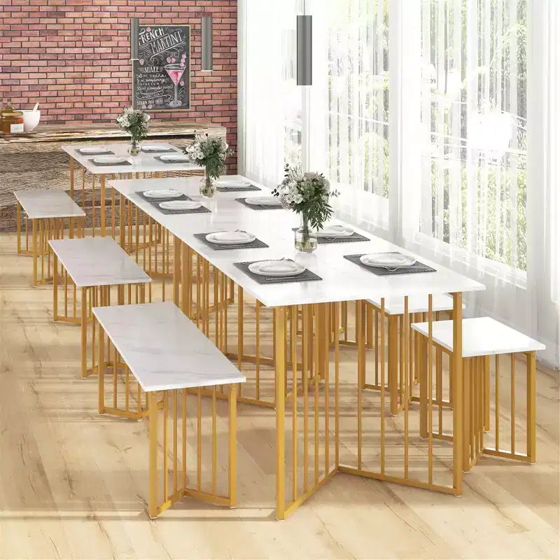 Costway 4PCS Dining Table Set Kitchen Table w/ Bench & 2 Stools Wing-shaped Metal Legs