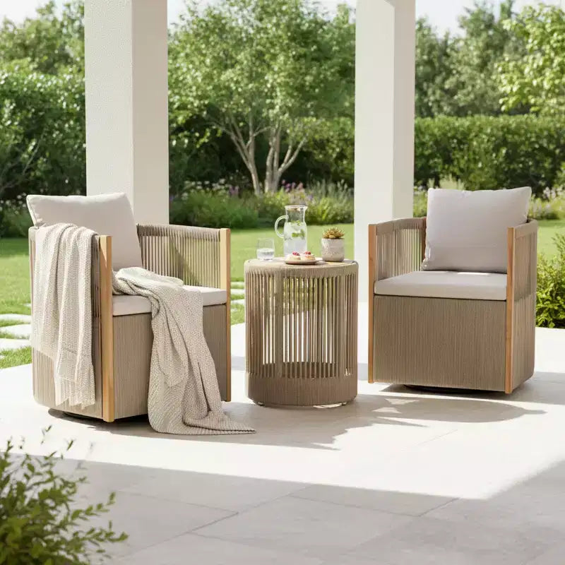 Christopher Knight Home Mason Outdoor Boho Modern Acacia Wood and Rope 3-Piece Swivel Chair Conversation Set with Round Side Table