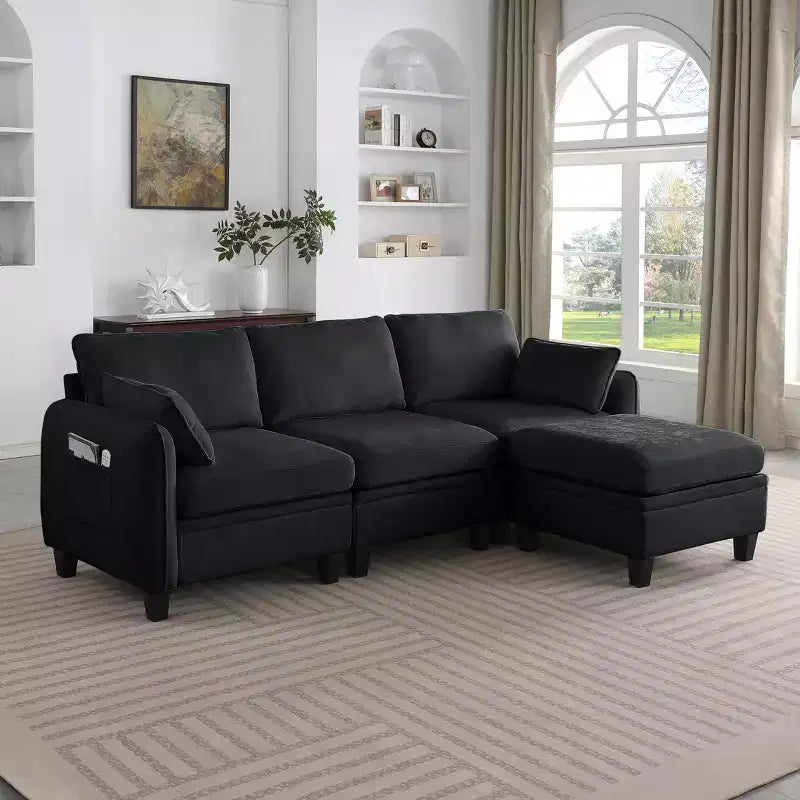 GDFStudio Lancelot 85 Inch Contemporary Chenille Upholstered L-Shaped Sectional Sofa with Storage Ottoman
