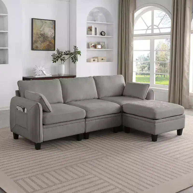 GDFStudio Lancelot 85 Inch Contemporary Chenille Upholstered L-Shaped Sectional Sofa with Storage Ottoman