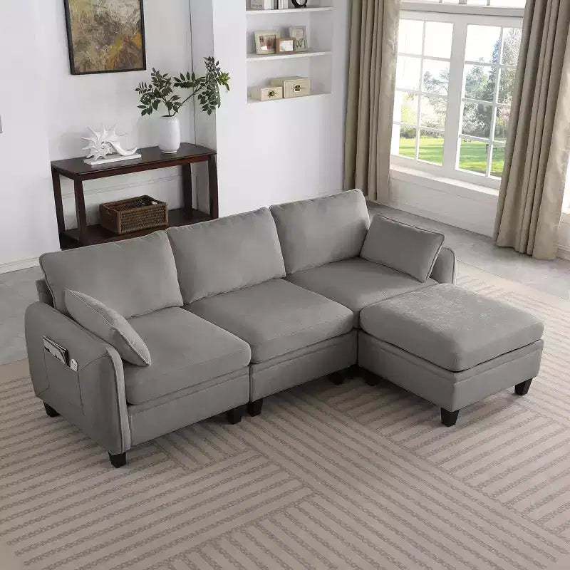 GDFStudio Lancelot 85 Inch Contemporary Chenille Upholstered L-Shaped Sectional Sofa with Storage Ottoman