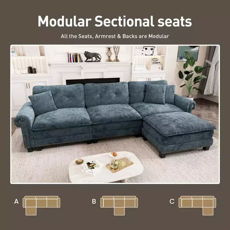 Captiva Designs Upholstered Indoor Sofa with Ottoman, Solid Wood Frame, Pocket Spring Seat & Throw Pillows