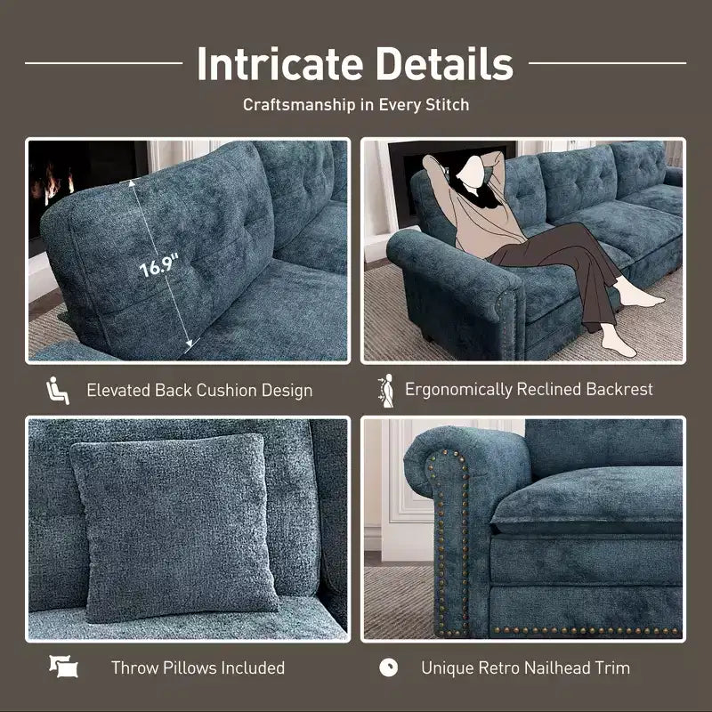 Captiva Designs Upholstered Indoor Sofa with Ottoman, Solid Wood Frame, Pocket Spring Seat & Throw Pillows
