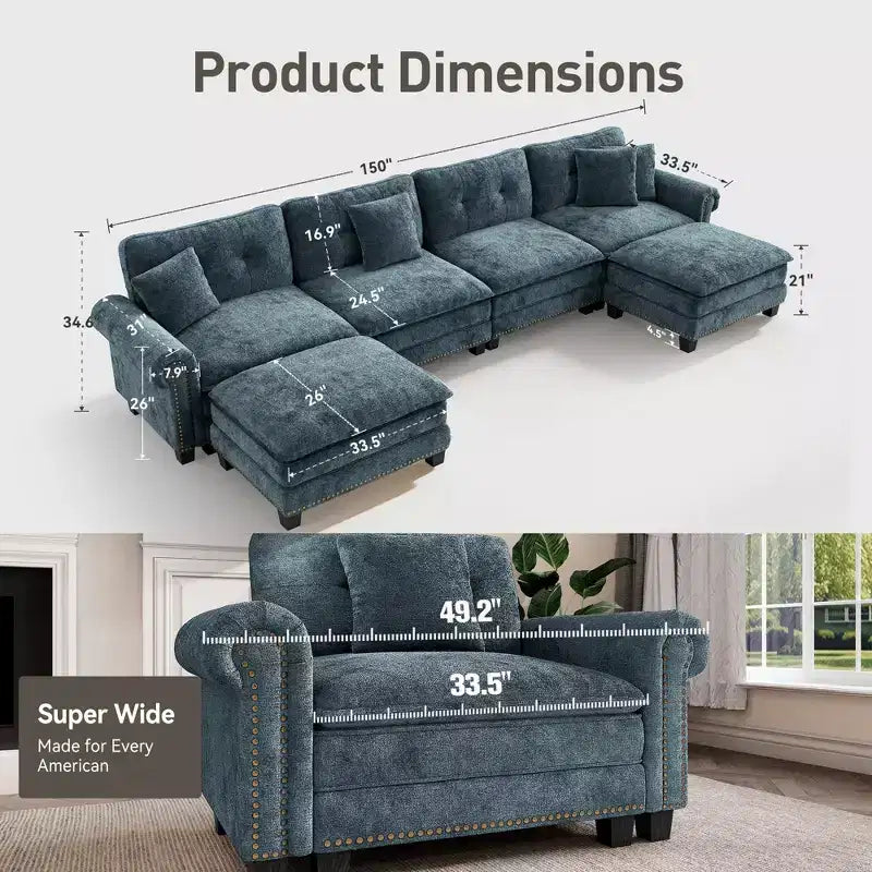 Captiva Designs Upholstered Indoor Sofa with Ottoman, Solid Wood Frame, Pocket Spring Seat & Throw Pillows