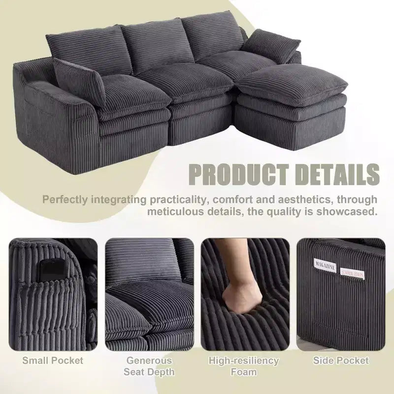 L Shaped Sectional Sofa, Corduroy Couch with Movable Ottoman, Compressed Modular Corner Couch for Living Room - ModernLuxe