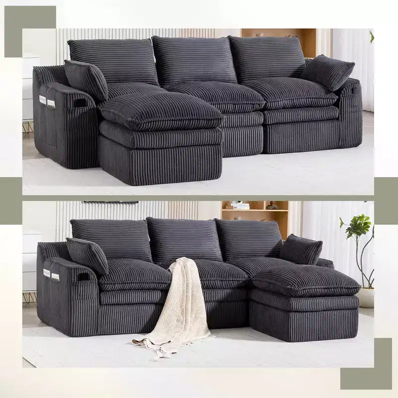 L Shaped Sectional Sofa, Corduroy Couch with Movable Ottoman, Compressed Modular Corner Couch for Living Room - ModernLuxe