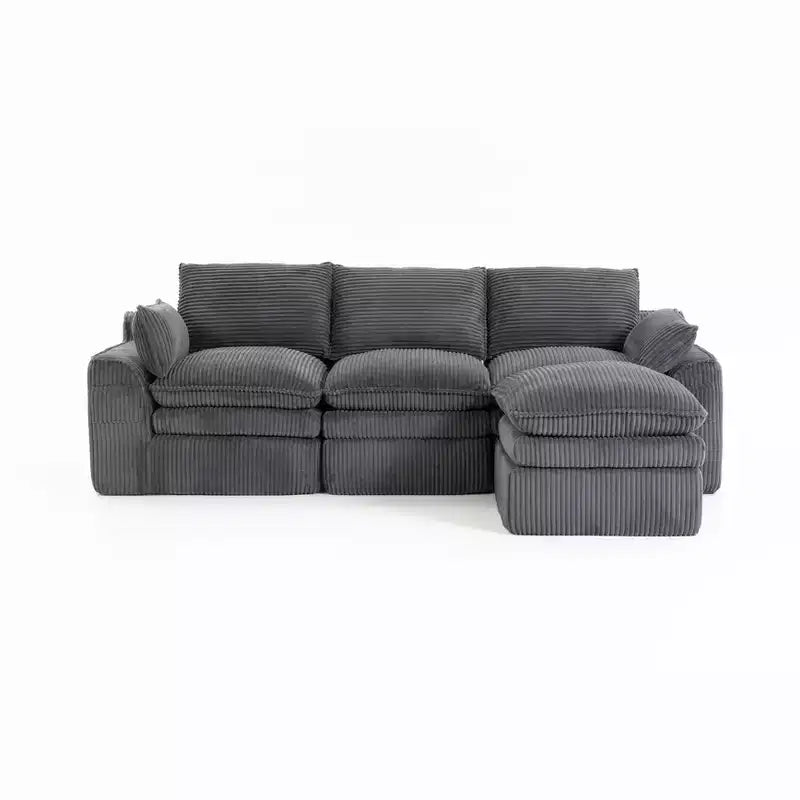 L Shaped Sectional Sofa, Corduroy Couch with Movable Ottoman, Compressed Modular Corner Couch for Living Room - ModernLuxe