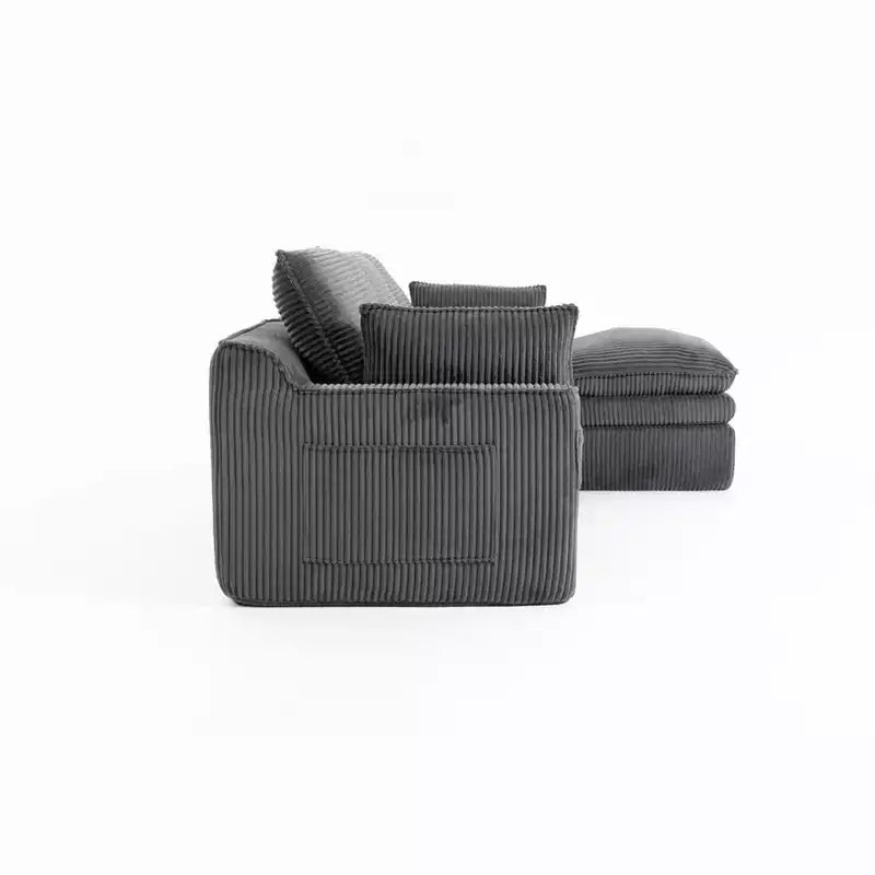 L Shaped Sectional Sofa, Corduroy Couch with Movable Ottoman, Compressed Modular Corner Couch for Living Room - ModernLuxe