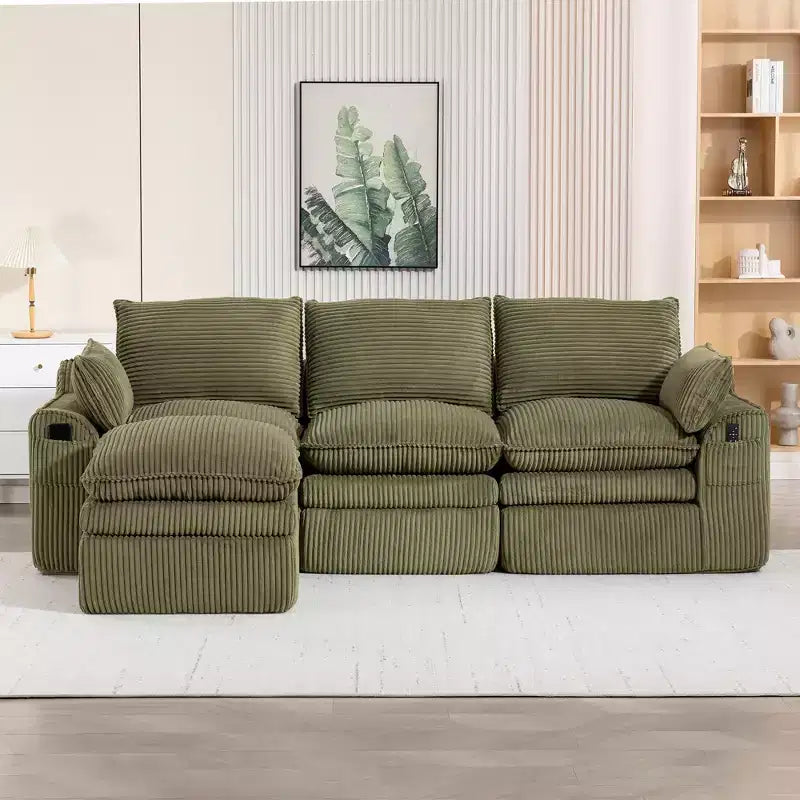 L Shaped Sectional Sofa, Corduroy Couch with Movable Ottoman, Compressed Modular Corner Couch for Living Room - ModernLuxe