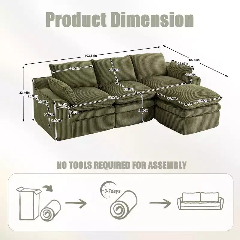 L Shaped Sectional Sofa, Corduroy Couch with Movable Ottoman, Compressed Modular Corner Couch for Living Room - ModernLuxe