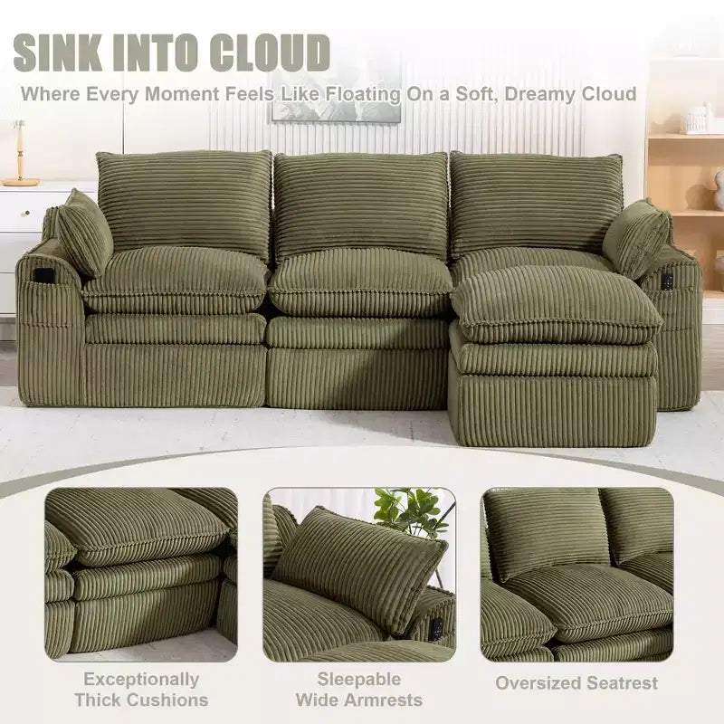 L Shaped Sectional Sofa, Corduroy Couch with Movable Ottoman, Compressed Modular Corner Couch for Living Room - ModernLuxe