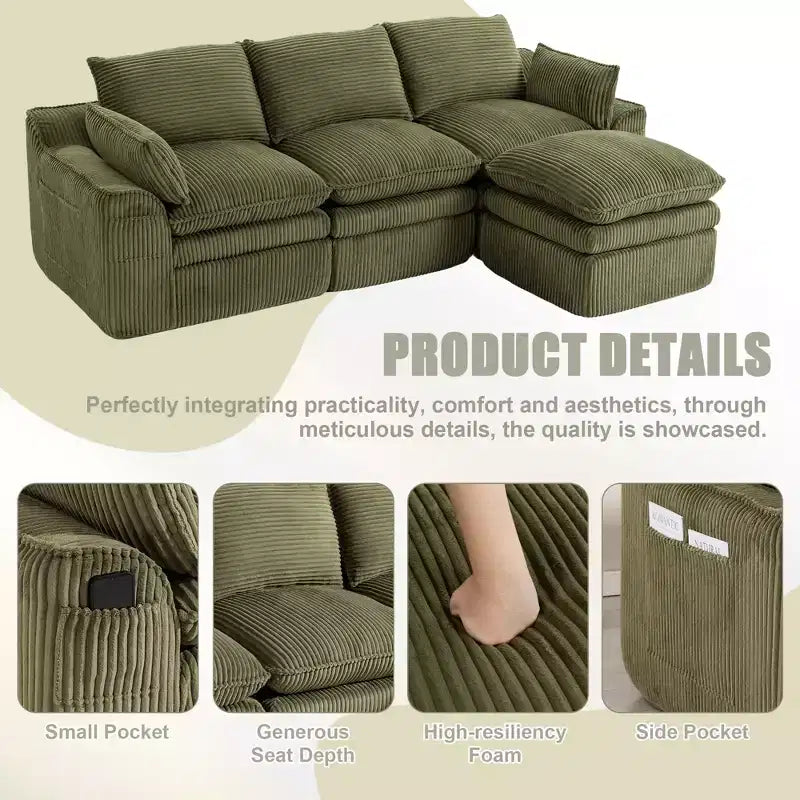 L Shaped Sectional Sofa, Corduroy Couch with Movable Ottoman, Compressed Modular Corner Couch for Living Room - ModernLuxe